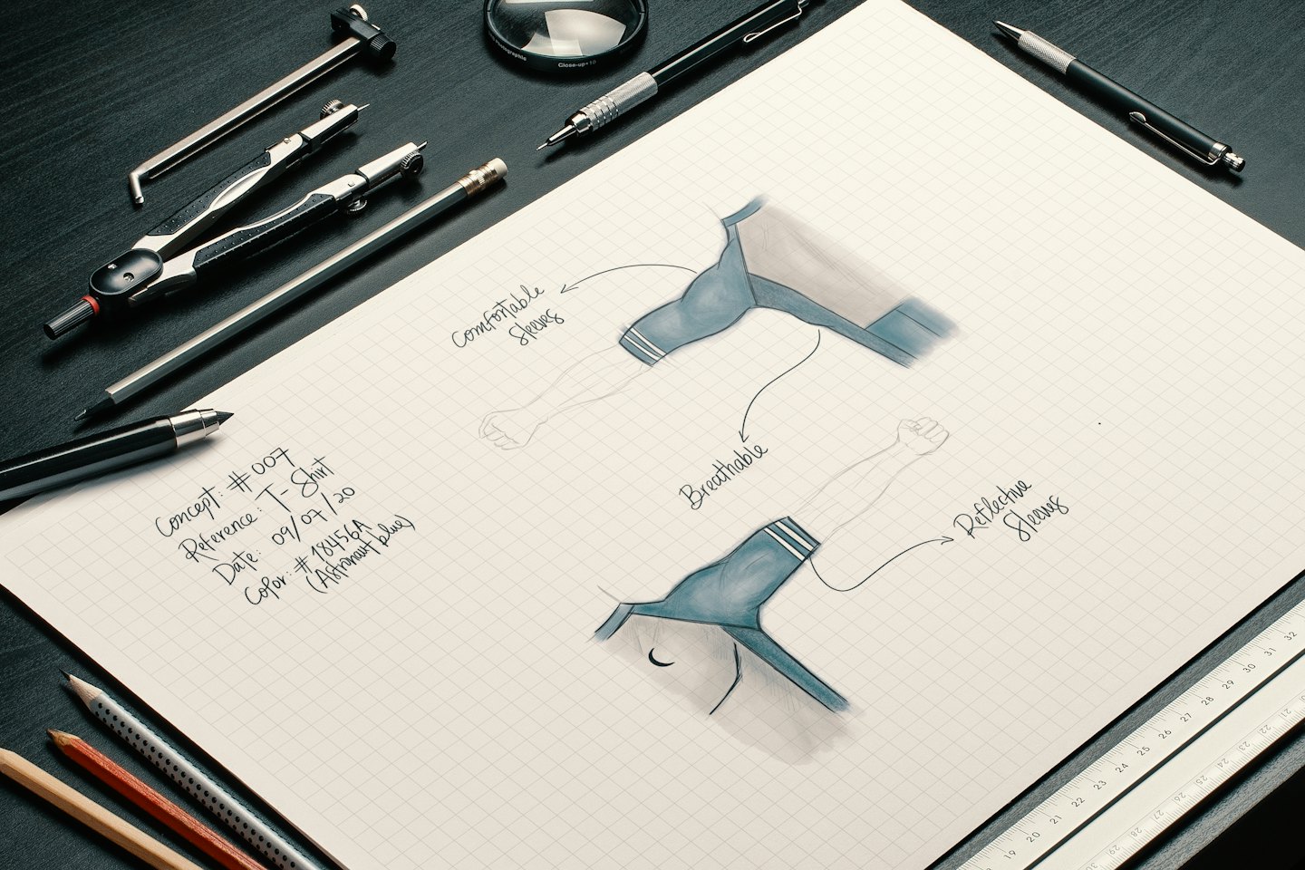 Fashion sketch of a T-shirt sleeve with design notes and tools.